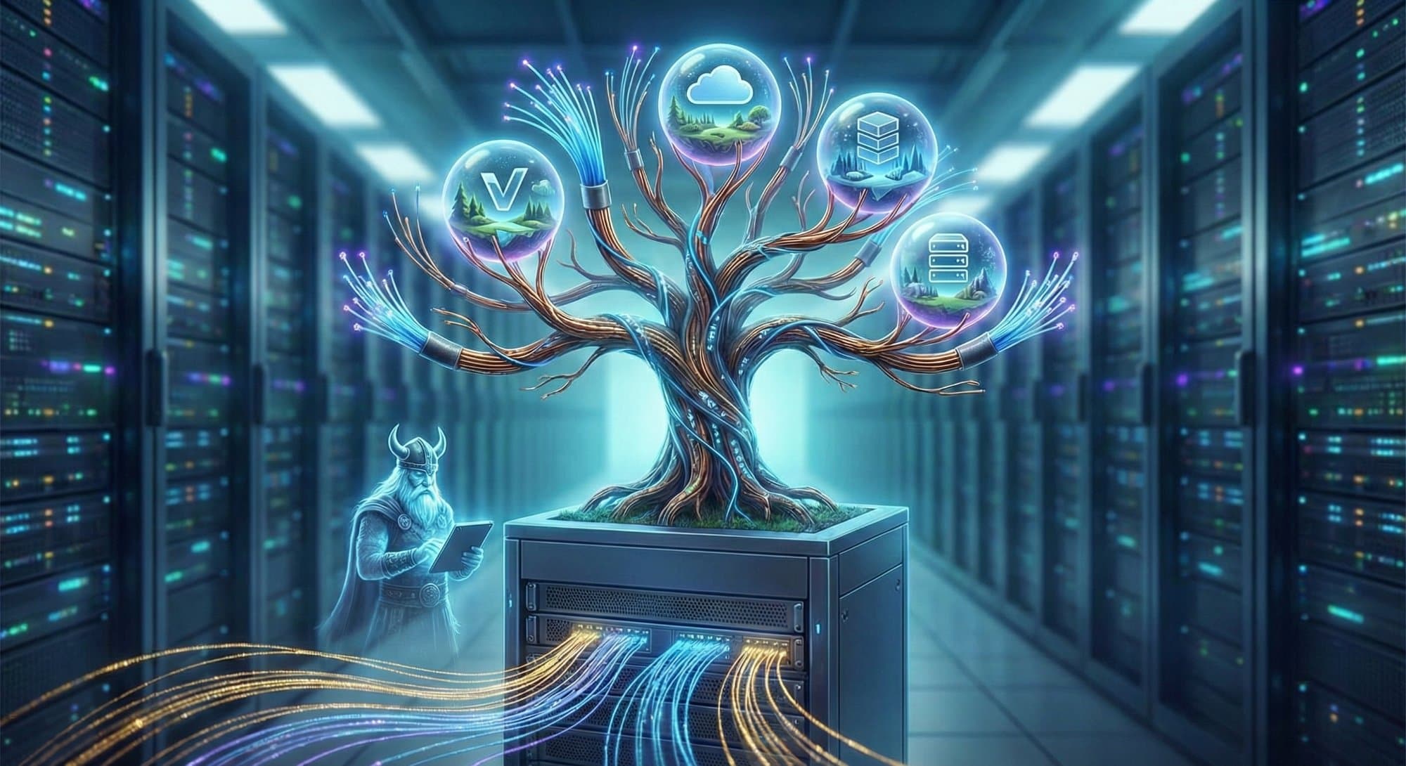 Viking warrior reviewing a glowing tree of cloud platform options growing from a server rack in a data center