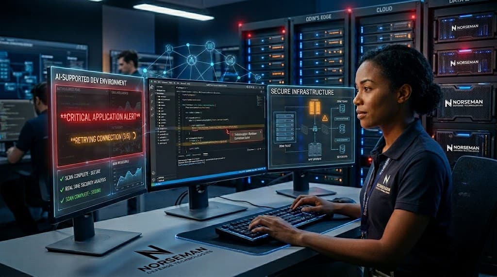 Developer workstation with AI code assistant overlaid on secure DevSecOps pipeline architecture