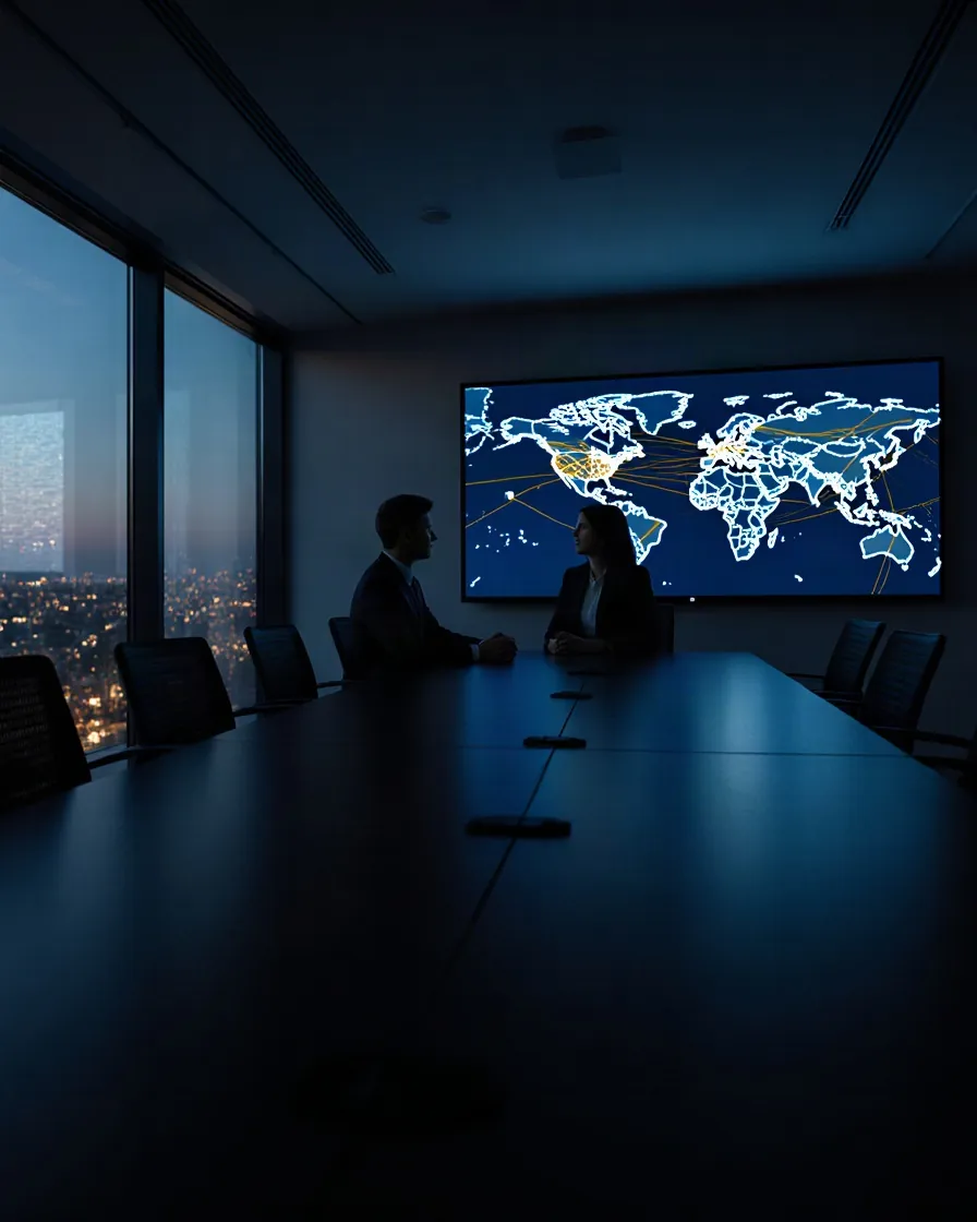 Modern briefing room at dusk with a wall display showing a network map