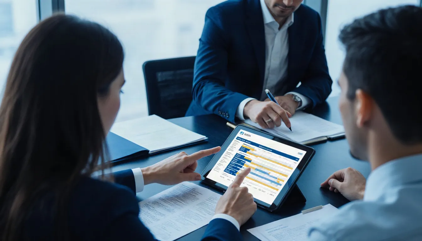 Procurement team reviewing documents and a tablet at a conference table