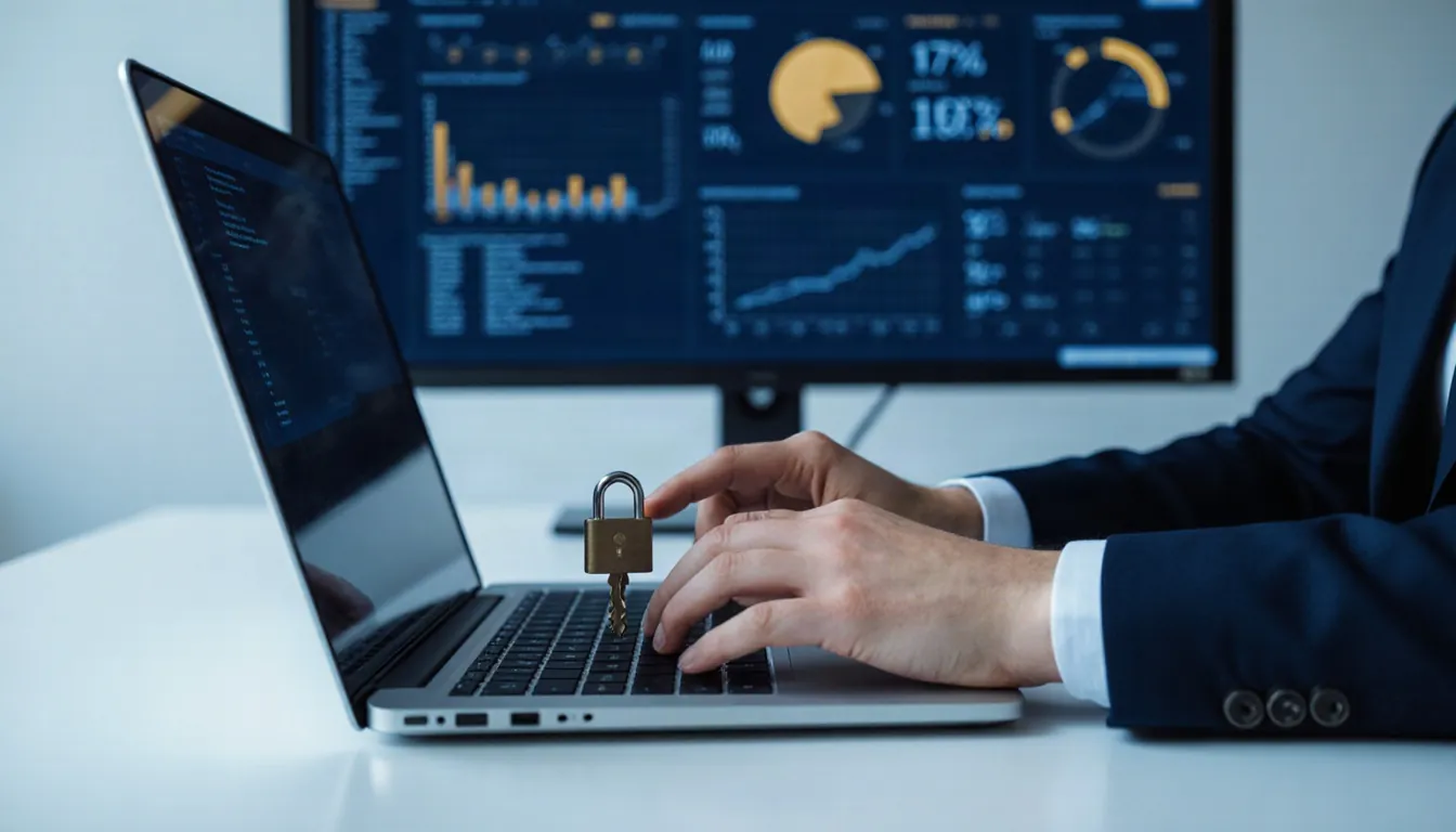 Analyst at a laptop with a small padlock and key, a security dashboard on the monitor behind