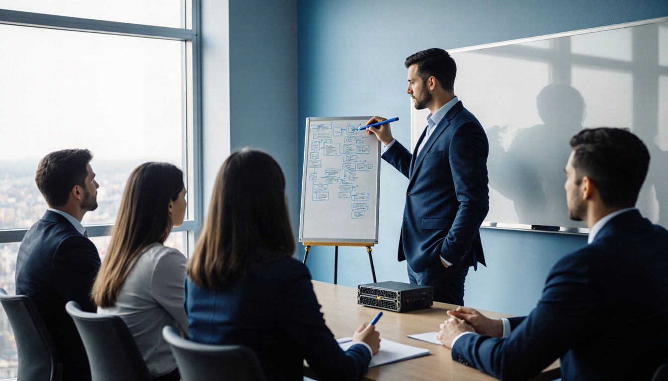 An engineer sketching an architecture diagram on a whiteboard for client stakeholders in a briefing center