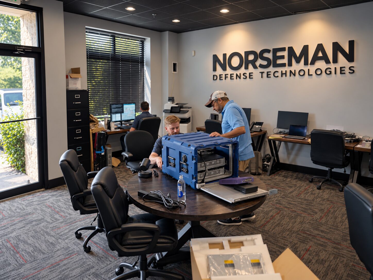 Norseman engineers building a rugged transit case server at the lab bench