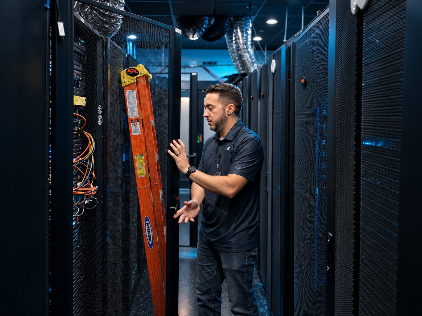 A Norseman engineer working inside a cabinet row in the integration lab
