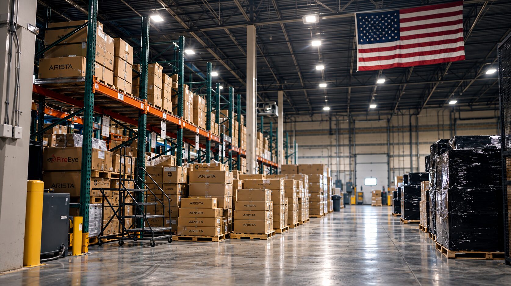Racked OEM inventory in the Norseman warehouse, with staged pallets ready to ship