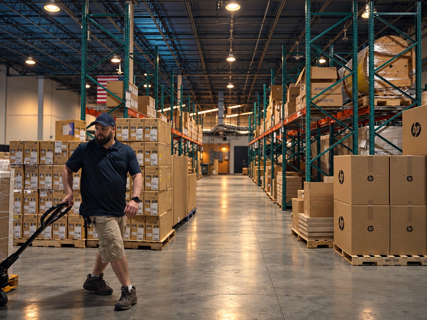 A Norseman logistics technician moving a pallet of OEM equipment through the warehouse