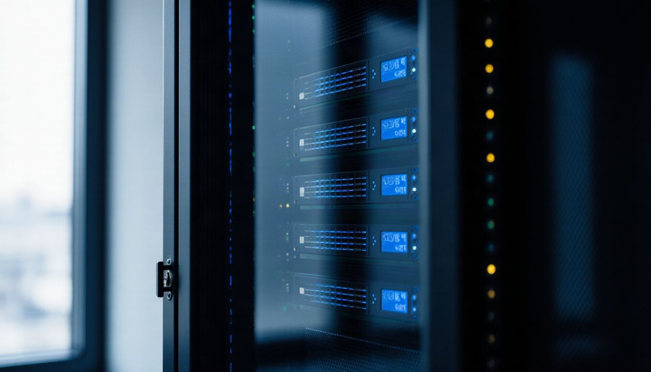 GPU compute nodes glowing in a server rack behind a locked glass door