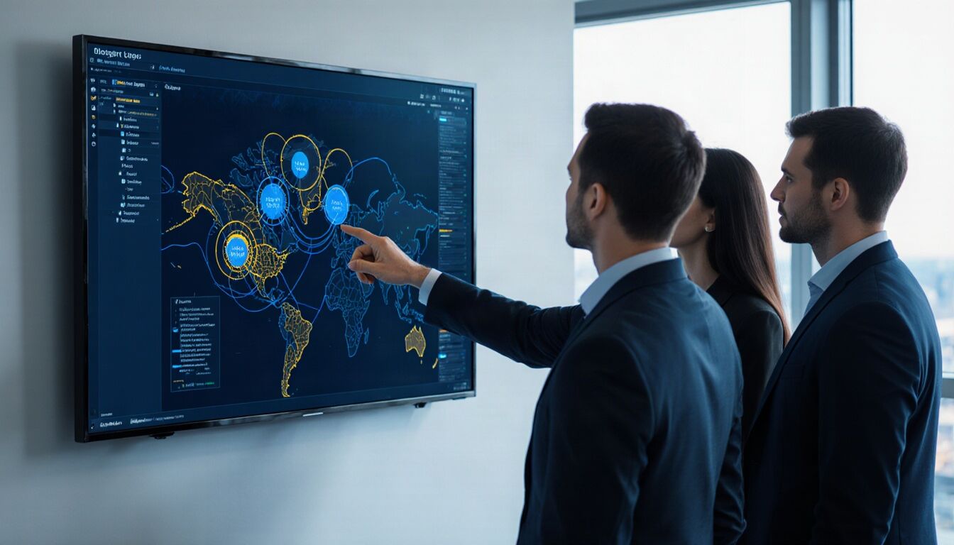 An IT operations team reviewing a service map on a large wall screen