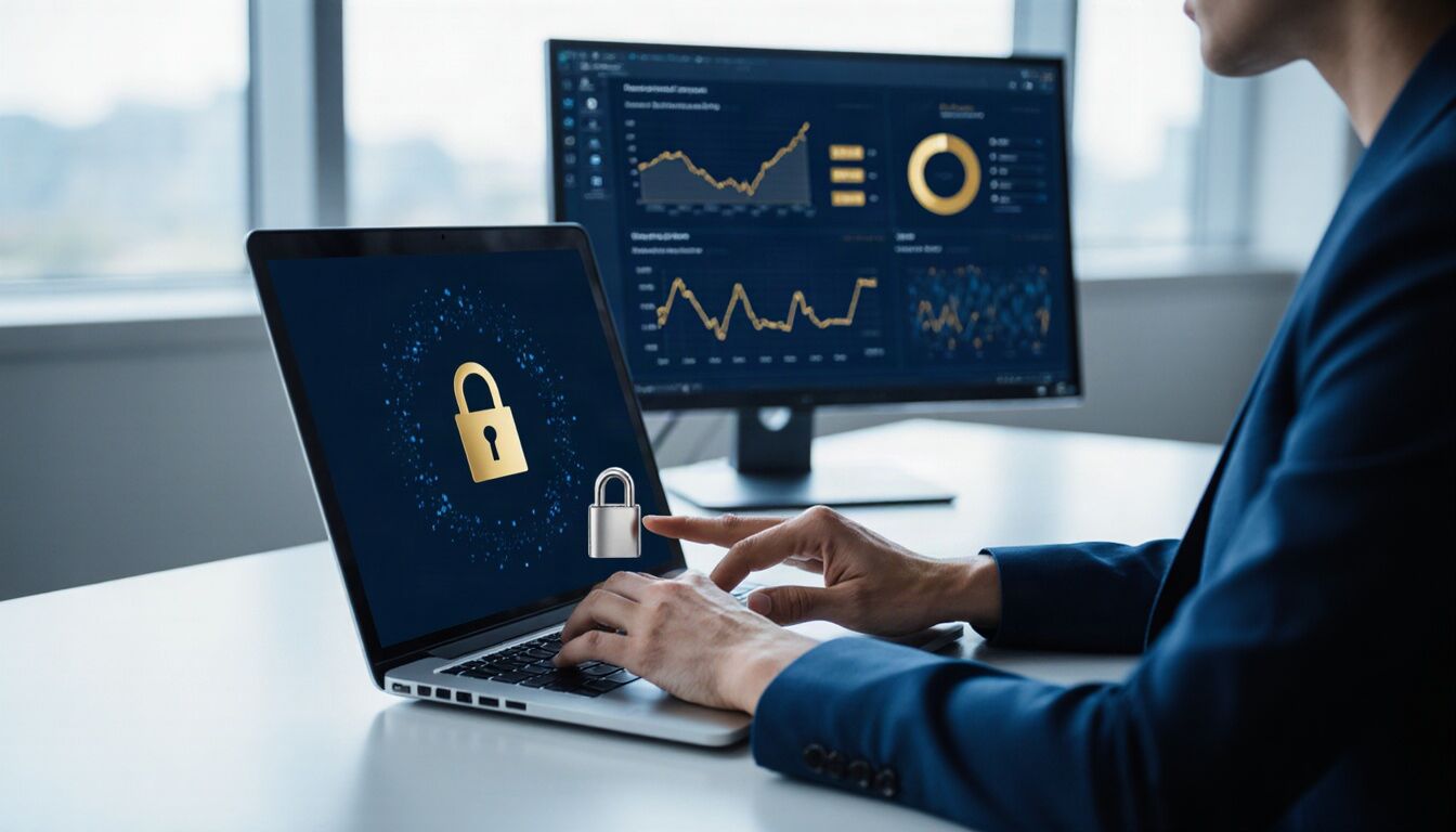 A professional at a laptop showing a padlock, beside a second monitor with an identity and access dashboard