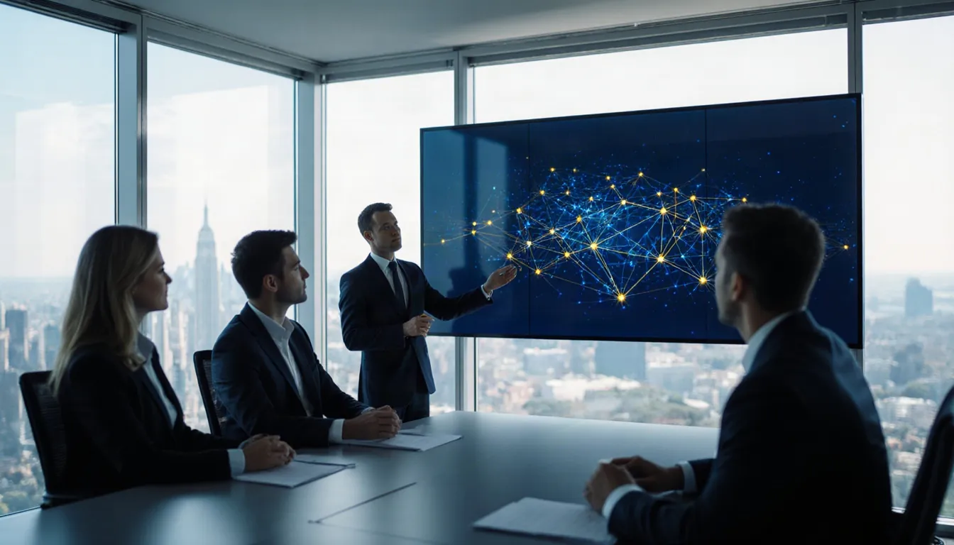 Executives reviewing an architecture display in a glass walled office