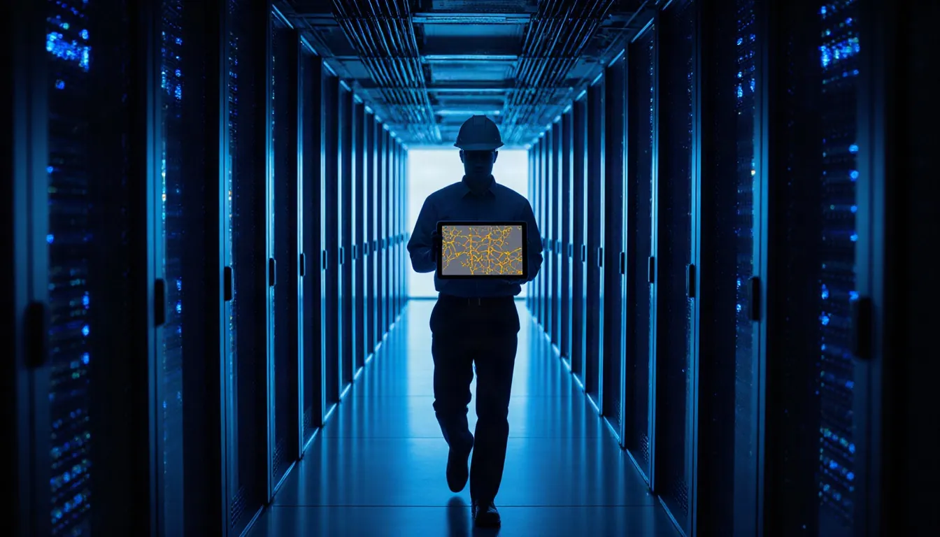 Engineer in a modern data center aisle with blue lit racks