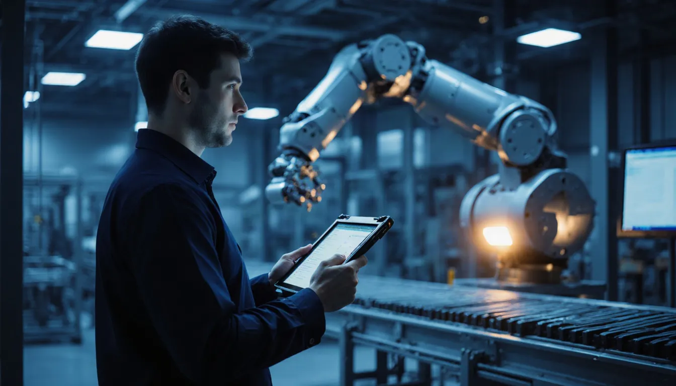 An engineer with a rugged tablet monitoring a robotic arm on a manufacturing floor